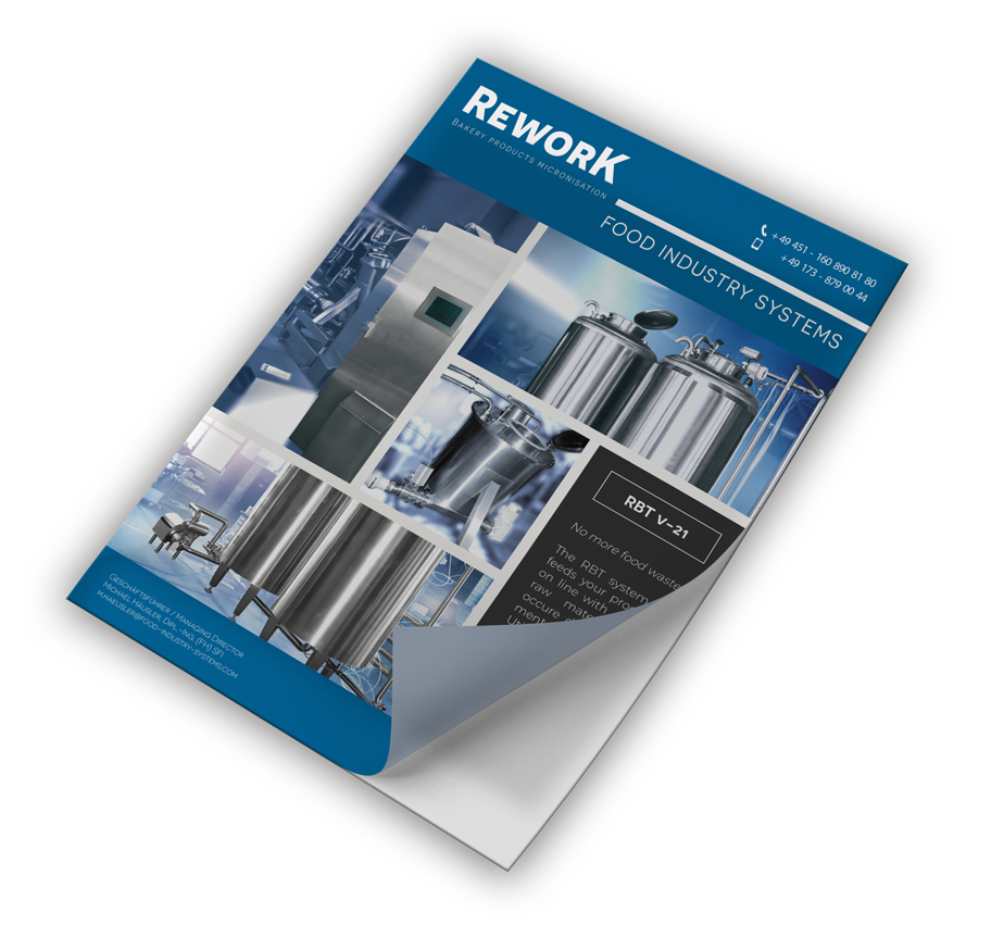 Produktblatt mit Bildern von Edelstahl-Lebensmittelverarbeitungsausrüstung und dem Titel Rework Food Industry Systems.